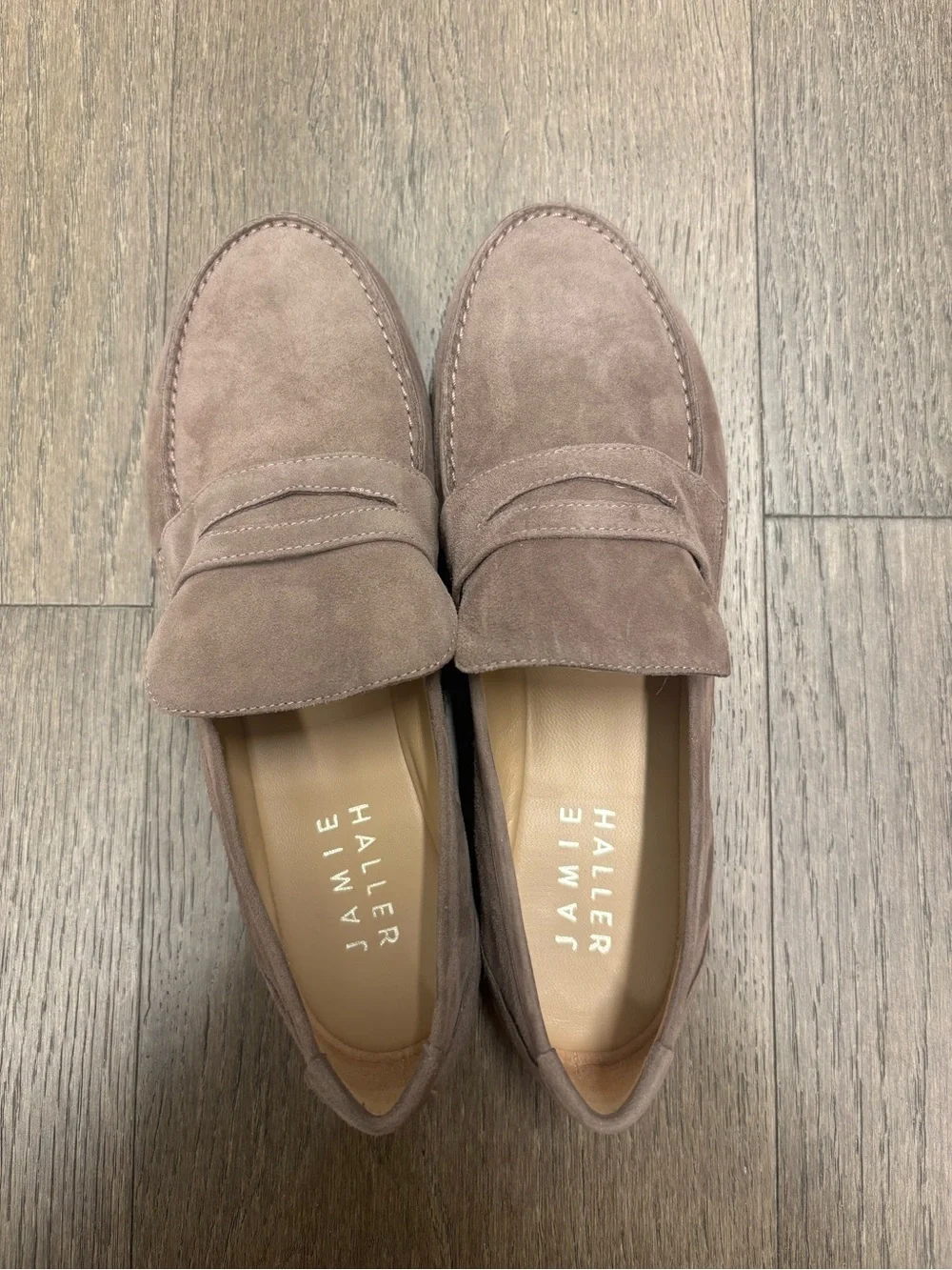 NWT JAMIE HALLER-Suede Taupe Penny Loafer (38)